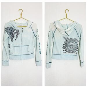 Vintage Y2K Adiktd Blue Rhinestone Euro Zip Up Hoodie Size Small Emo Grunge 90s